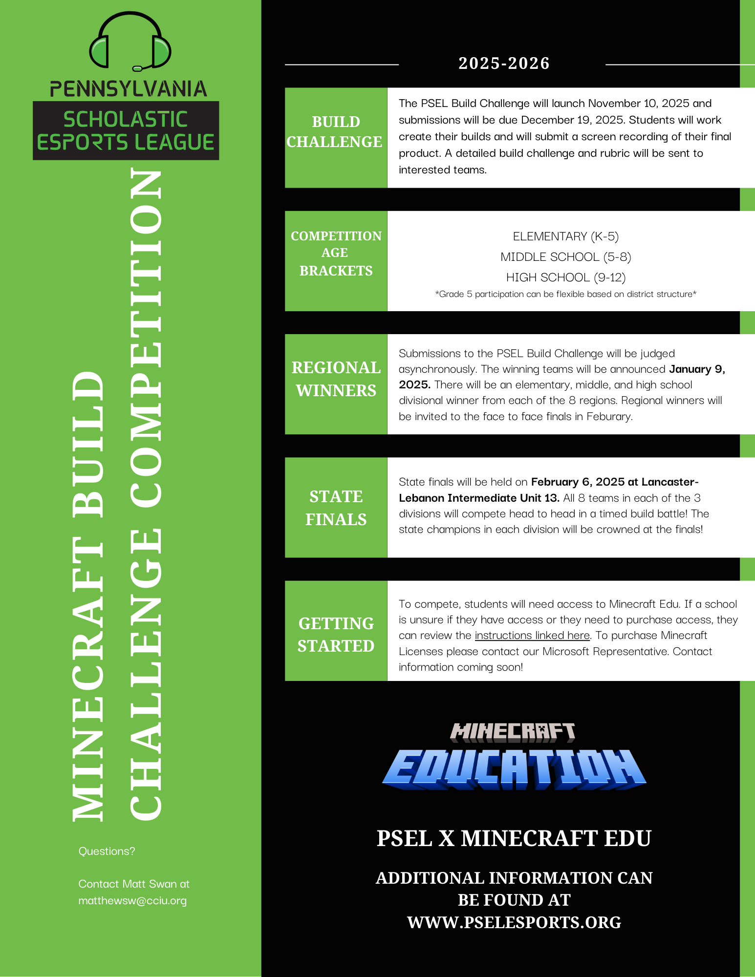 Poster advertising the Minecraft Build Challenge Competition by PSEL for 2025-2026.