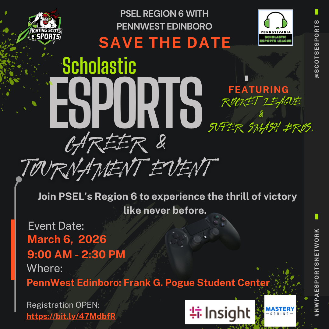 Promotional poster for a Scholastic Esports Event on March 6, 2026, featuring Rocket League and Super Smash Bros.