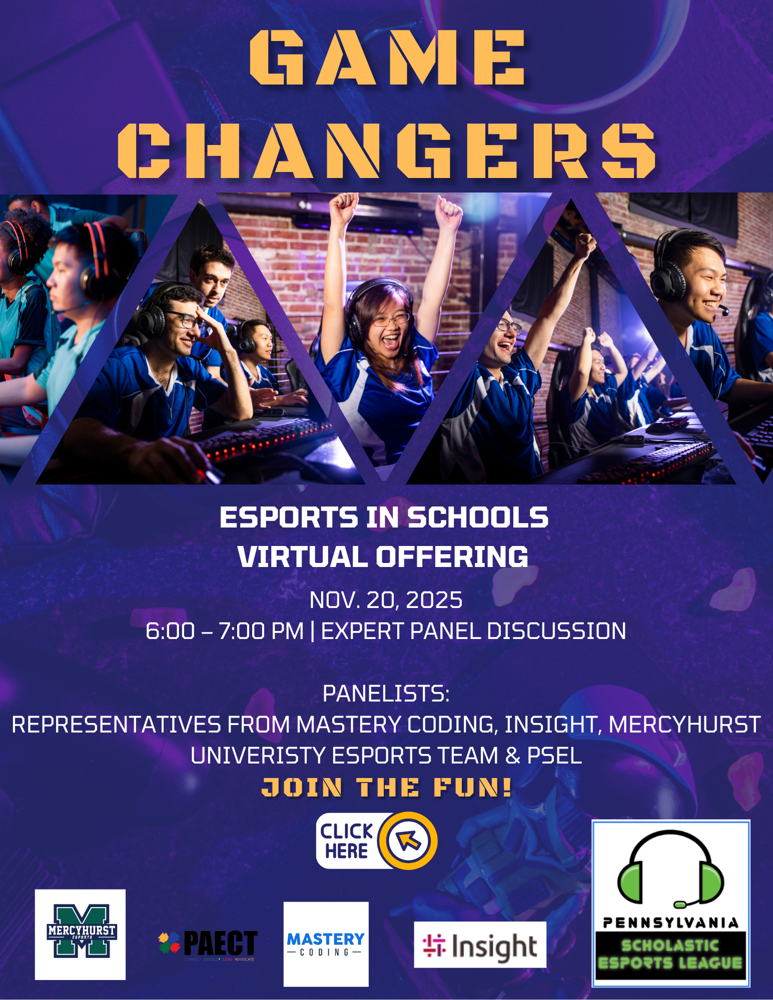 Advertisement for a virtual esports panel discussion titled "Game Changers" on Nov. 20, 2025.